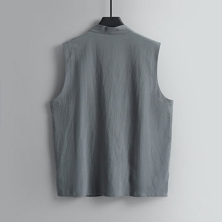 Buddha Stones Conjunto de 2 piezas de ropa de meditación estilo Tang de verano con botones de rana, camisa sin mangas de lino con cuello en V y pantalones, ropa de meditación para hombre con bolsillos. - image 4