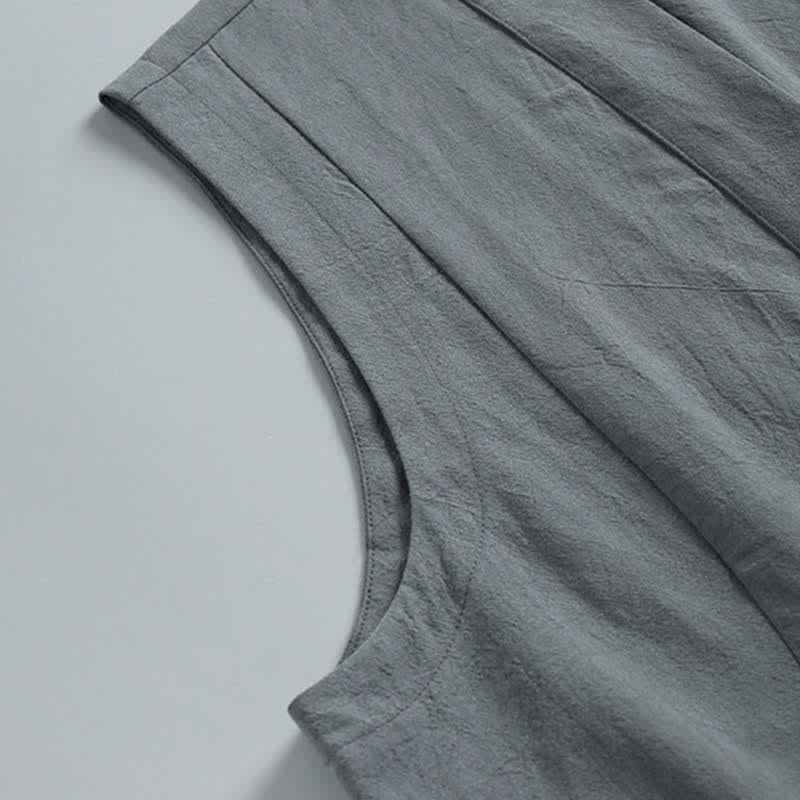 Buddha Stones Conjunto de 2 piezas de ropa de meditación estilo Tang de verano con botones de rana, camisa sin mangas de lino con cuello en V y pantalones, ropa de meditación para hombre con bolsillos. - image 8
