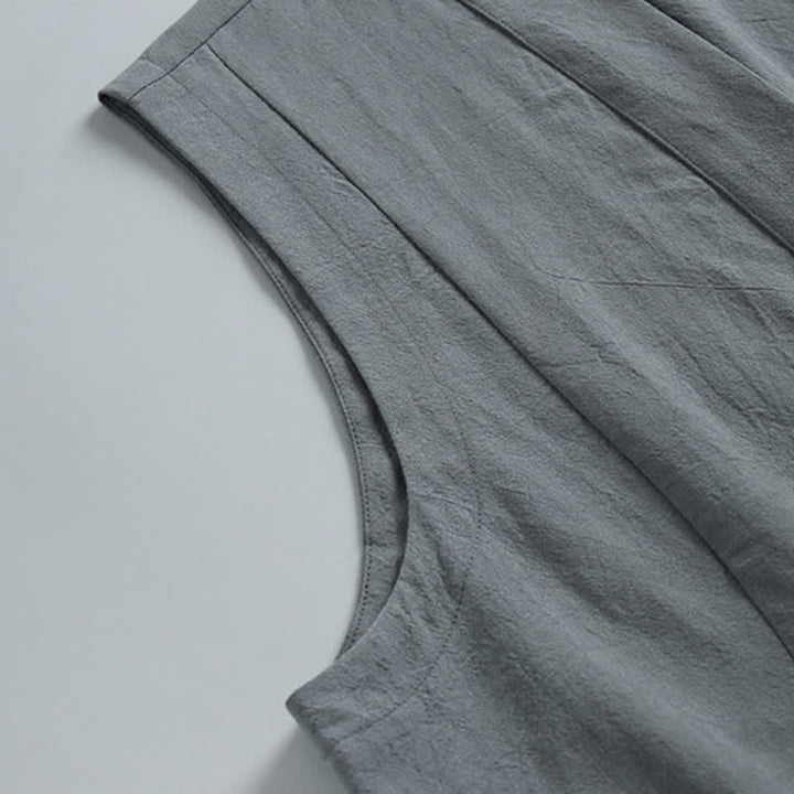 Buddha Stones Conjunto de 2 piezas de ropa de meditación estilo Tang de verano con botones de rana, camisa sin mangas de lino con cuello en V y pantalones, ropa de meditación para hombre con bolsillos. - image 8