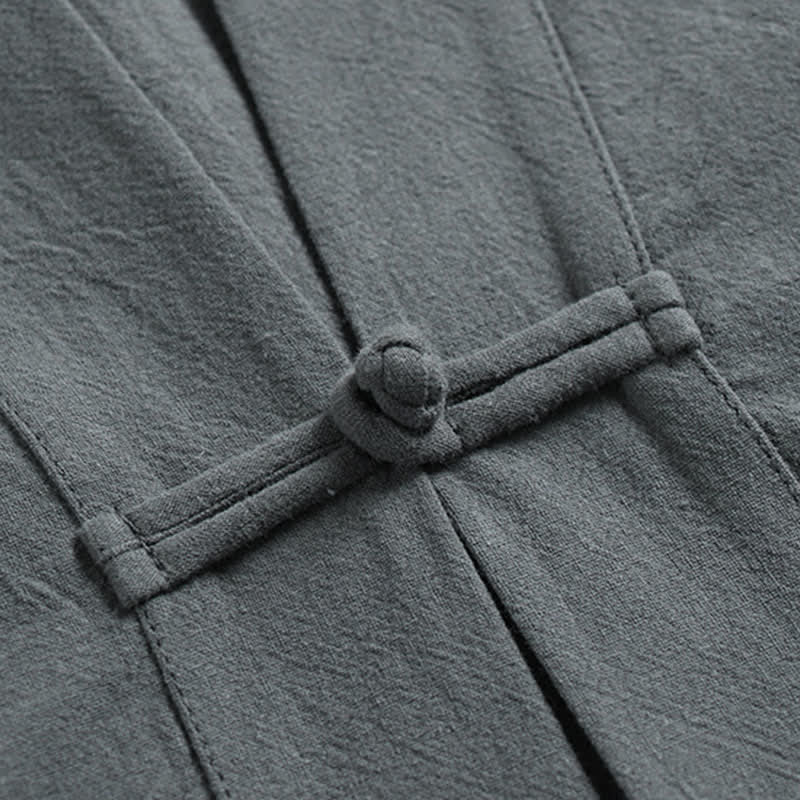Buddha Stones Conjunto de 2 piezas de ropa de meditación estilo Tang de verano con botones de rana, camisa sin mangas de lino con cuello en V y pantalones, ropa de meditación para hombre con bolsillos. - image 9