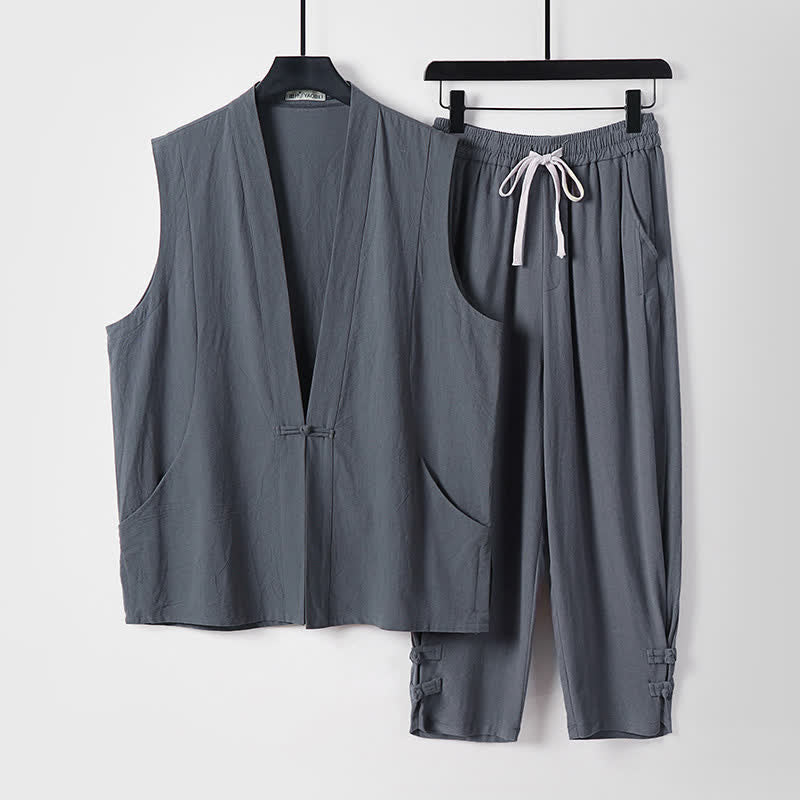 Buddha Stones Conjunto de 2 piezas de ropa de meditación estilo Tang de verano con botones de rana, camisa sin mangas de lino con cuello en V y pantalones, ropa de meditación para hombre con bolsillos. - Gris pizarra - US/UK/AU54, EU64 (9XL) - image 2