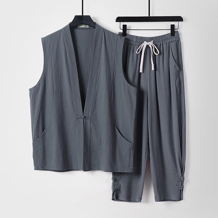 Buddha Stones Conjunto de 2 piezas de ropa de meditación estilo Tang de verano con botones de rana, camisa sin mangas de lino con cuello en V y pantalones, ropa de meditación para hombre con bolsillos. - Gris pizarra - US/UK/AU54, EU64 (9XL) - image 2