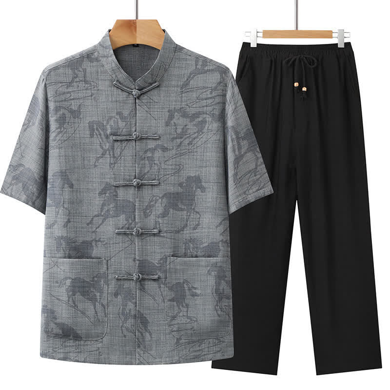 Buddha Stones Conjunto de 2 piezas: Camisa y pantalón de manga corta estilo Tang, informal, con botones de rana, cuello mandarín y estampado de caballo, para hombre, ideal para meditación, con bolsillos. - Gris oscuro - US/UK/AU42, EU52 (3XL) - image 4