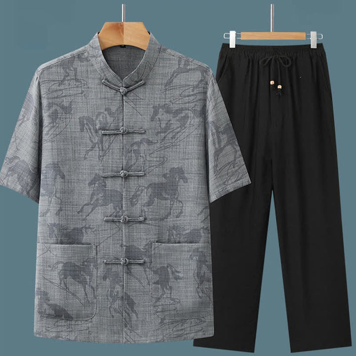 Buddha Stones Conjunto de 2 piezas: Camisa y pantalón de manga corta estilo Tang, informal, con botones de rana, cuello mandarín y estampado de caballo, para hombre, ideal para meditación, con bolsillos. - image 5