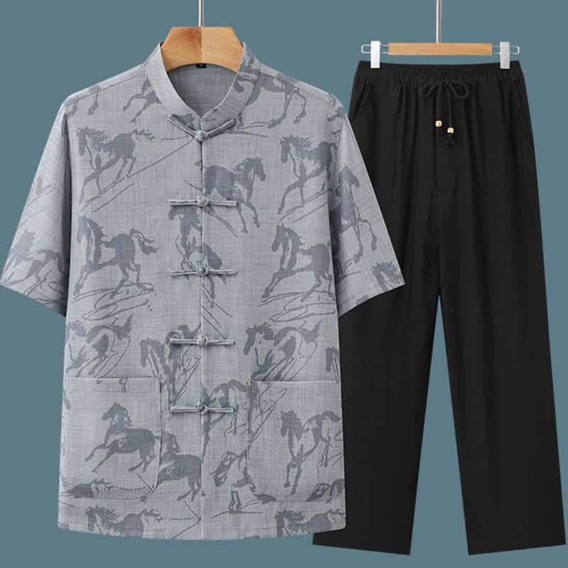 Buddha Stones Conjunto de 2 piezas: Camisa y pantalón de manga corta estilo Tang, informal, con botones de rana, cuello mandarín y estampado de caballo, para hombre, ideal para meditación, con bolsillos. - image 3