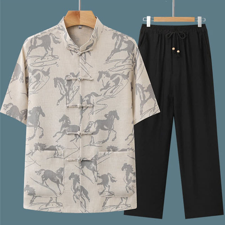 Buddha Stones Conjunto de 2 piezas: Camisa y pantalón de manga corta estilo Tang, informal, con botones de rana, cuello mandarín y estampado de caballo, para hombre, ideal para meditación, con bolsillos. - image 1