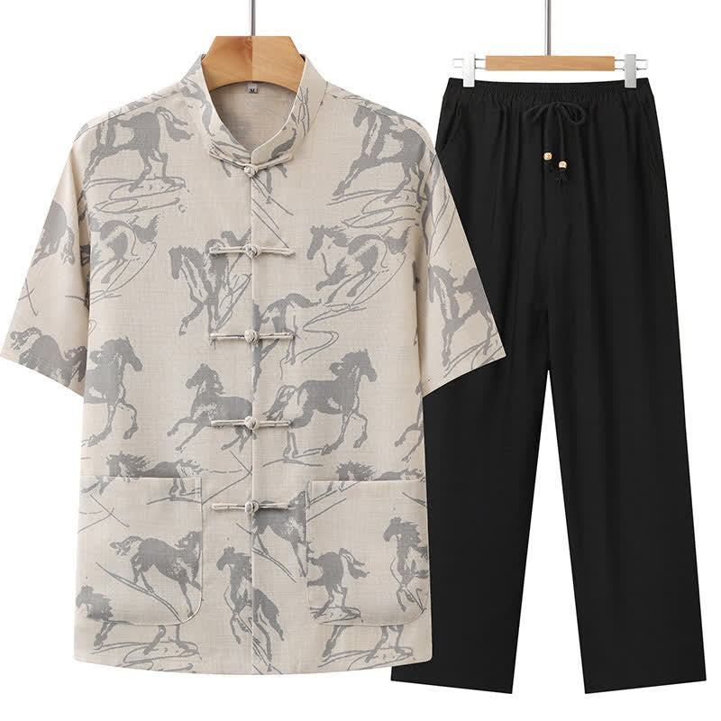 Buddha Stones Conjunto de 2 piezas: Camisa y pantalón de manga corta estilo Tang, informal, con botones de rana, cuello mandarín y estampado de caballo, para hombre, ideal para meditación, con bolsillos. - Beige - US/UK/AU42, EU52 (3XL) - image 0