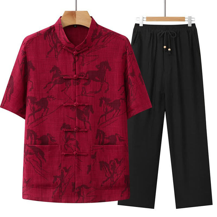 Buddha Stones Conjunto de 2 piezas: Camisa y pantalón de manga corta estilo Tang, informal, con botones de rana, cuello mandarín y estampado de caballo, para hombre, ideal para meditación, con bolsillos. - Carmesí - US/UK/AU42, EU52 (3XL) - image 13