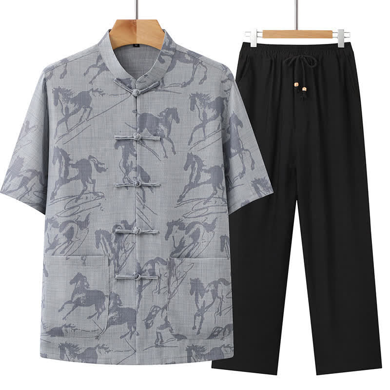 Buddha Stones Conjunto de 2 piezas: Camisa y pantalón de manga corta estilo Tang, informal, con botones de rana, cuello mandarín y estampado de caballo, para hombre, ideal para meditación, con bolsillos. - Gris claro - US/UK/AU42, EU52 (3XL) - image 2
