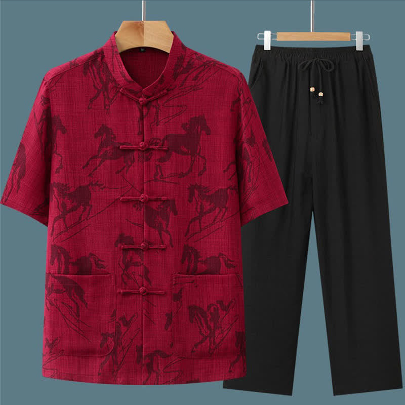 Buddha Stones Conjunto de 2 piezas: Camisa y pantalón de manga corta estilo Tang, informal, con botones de rana, cuello mandarín y estampado de caballo, para hombre, ideal para meditación, con bolsillos. - image 14