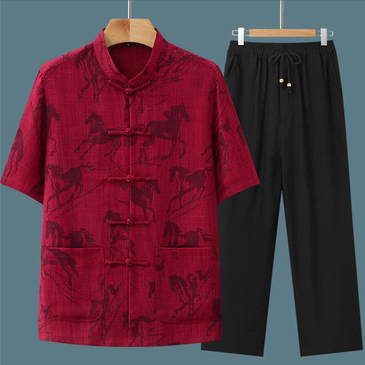 Buddha Stones Conjunto de 2 piezas: Camisa y pantalón de manga corta estilo Tang, informal, con botones de rana, cuello mandarín y estampado de caballo, para hombre, ideal para meditación, con bolsillos. - image 14