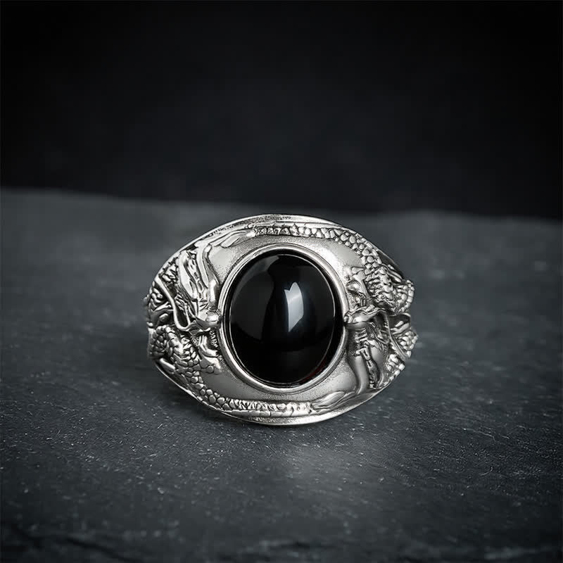 Buddha Stones Anillo abierto de purificación del dragón de obsidiana negra - image 2