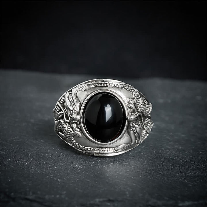 Buddha Stones Anillo abierto de purificación del dragón de obsidiana negra - image 2
