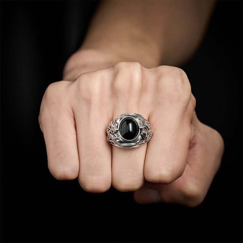 Buddha Stones Anillo abierto de purificación del dragón de obsidiana negra - image 3