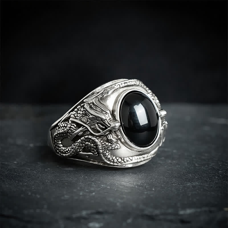 Buddha Stones Anillo abierto de purificación del dragón de obsidiana negra - Dragón (Fuerza ♥ Poder) - image 0