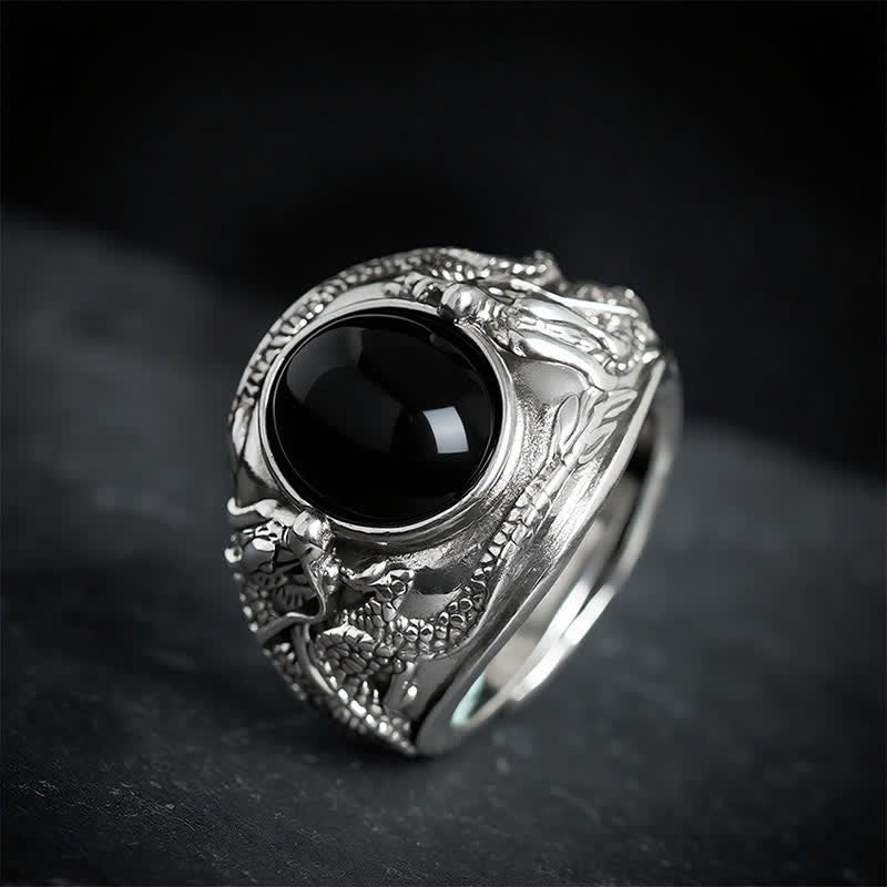 Buddha Stones Anillo abierto de purificación del dragón de obsidiana negra - image 1