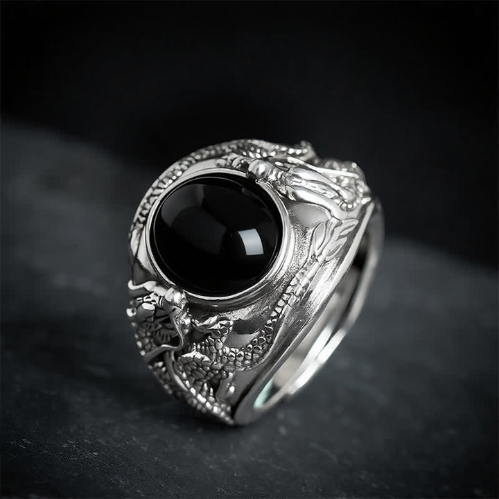Buddha Stones Anillo abierto de purificación del dragón de obsidiana negra - image 1