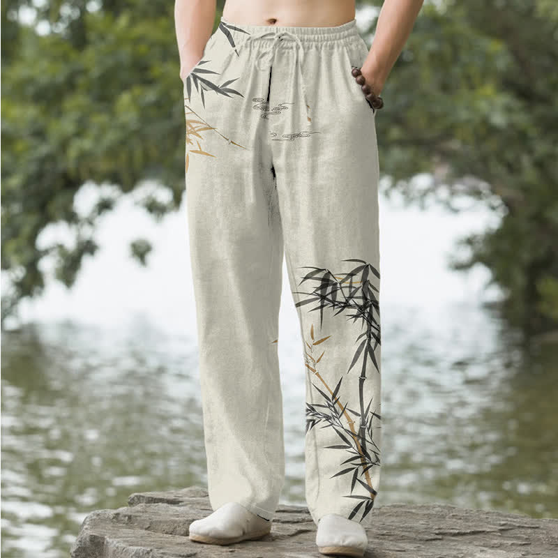 Buddha Stones Pantalones de hombre de algodón con estampado de bambú y corte ajustado, con bolsillos. - Lino - US/UK/AU50, EU60 (5XL) - image 0