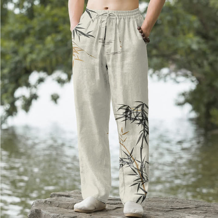 Buddha Stones Pantalones de hombre de algodón con estampado de bambú y corte ajustado, con bolsillos. - Lino - US/UK/AU50, EU60 (5XL) - image 0