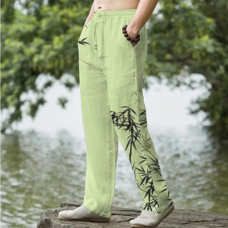 Buddha Stones Pantalones de hombre de algodón con estampado de bambú y corte ajustado, con bolsillos. - image 5
