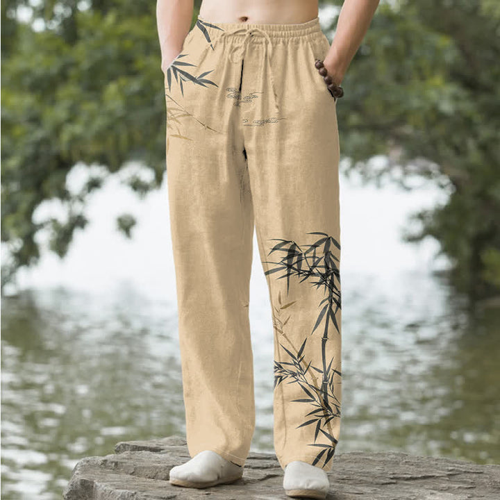 Buddha Stones Pantalones de hombre de algodón con estampado de bambú y corte ajustado, con bolsillos. - Broncearse - US/UK/AU50, EU60 (5XL) - image 6