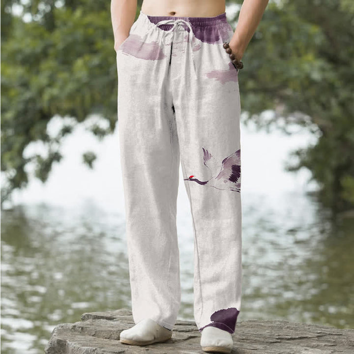 Buddha Stones Pantalones de hombre de algodón con estampado de grullas de corona roja, corte cónico y bolsillos. - Cardo - US/UK/AU50, EU60 (5XL) - image 4