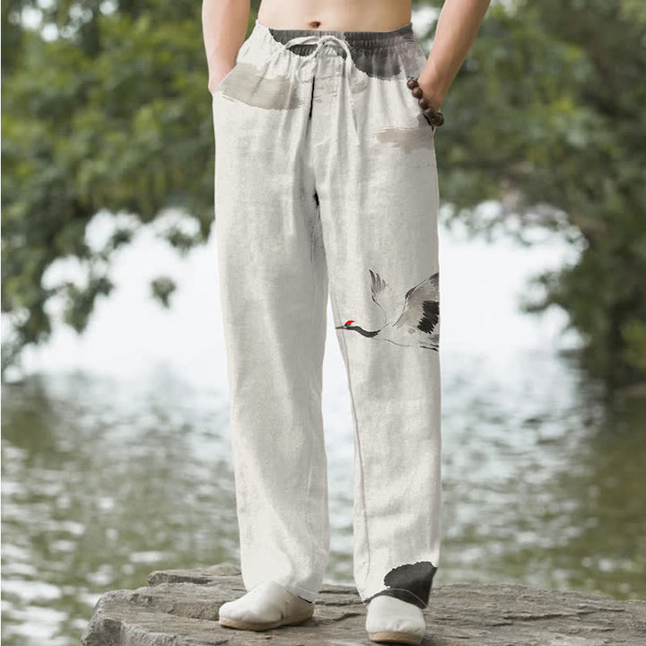 Buddha Stones Pantalones de hombre de algodón con estampado de grullas de corona roja, corte cónico y bolsillos. - Negro - US/UK/AU50, EU60 (5XL) - image 6