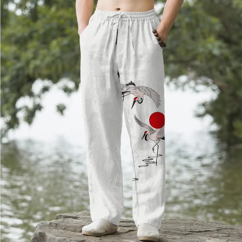 Buddha Stones Pantalones de hombre de algodón con estampado de grullas y sol rojo, corte ajustado y bolsillos. - Lino - US/UK/AU50, EU60 (5XL) - image 0