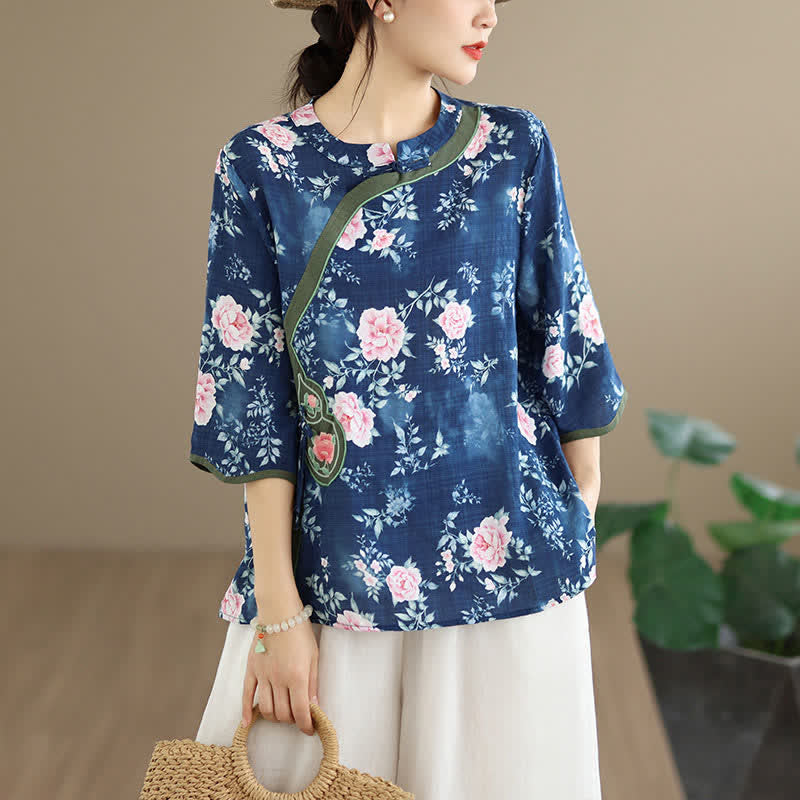 Buddha Stones Camisas de manga tres cuartos para mujer, estilo casual veraniego, con botones de rana y estampado floral de peonía rosa. - Azul pizarra oscuro - US8-10, UK/AU12-14, EU40-42 (2XL) - image 0