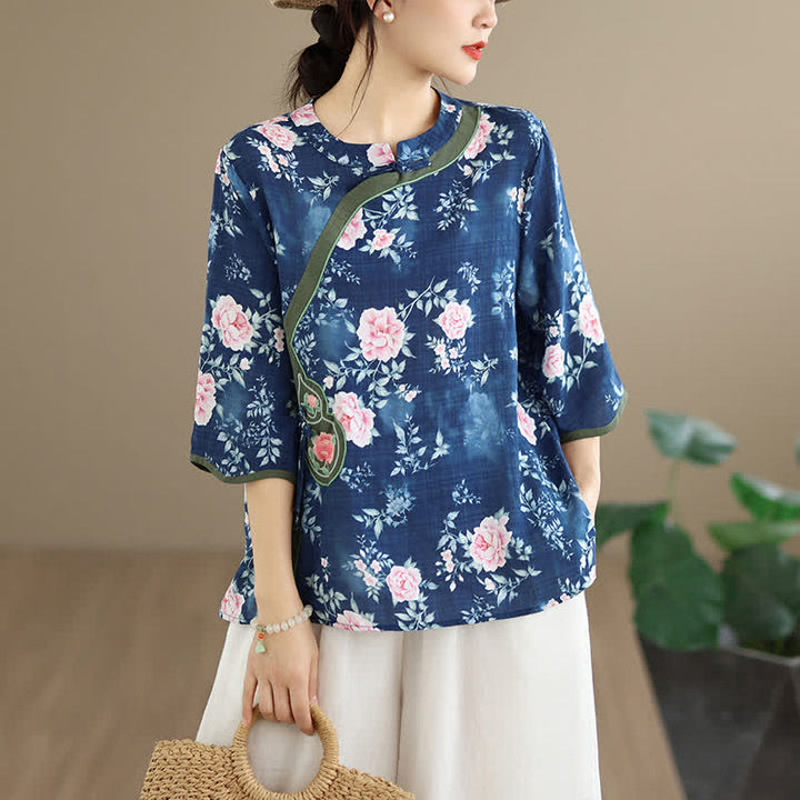 Buddha Stones Camisas de manga tres cuartos para mujer, estilo casual veraniego, con botones de rana y estampado floral de peonía rosa. - Azul pizarra oscuro - US8-10, UK/AU12-14, EU40-42 (2XL) - image 0