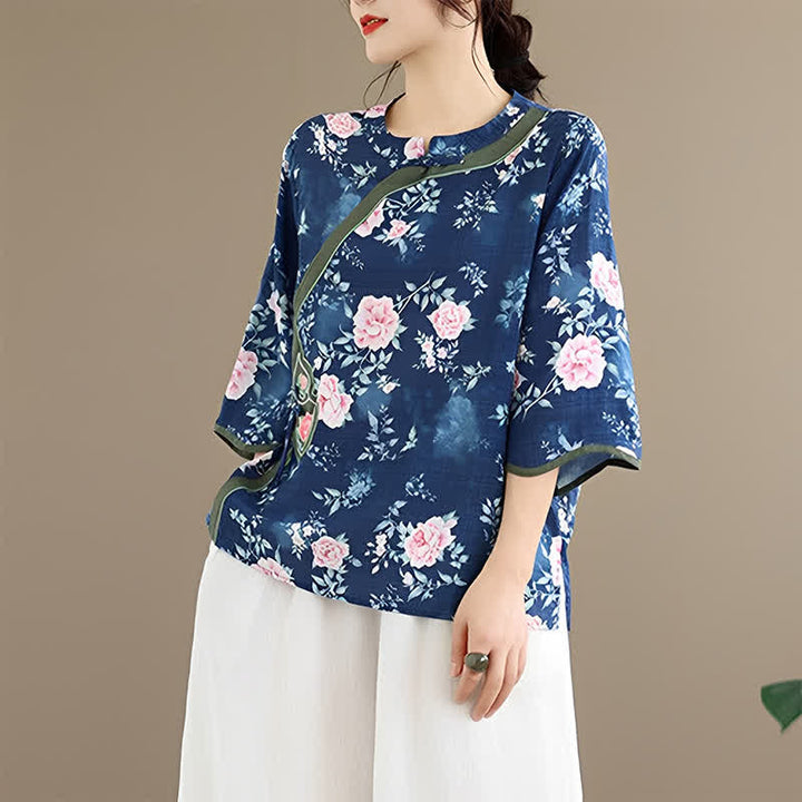 Buddha Stones Camisas de manga tres cuartos para mujer, estilo casual veraniego, con botones de rana y estampado floral de peonía rosa. - image 5