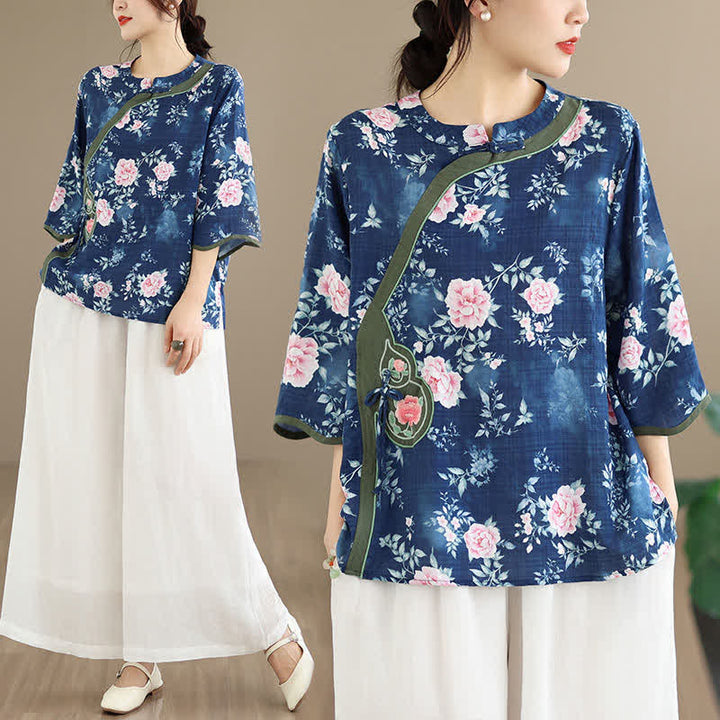 Buddha Stones Camisas de manga tres cuartos para mujer, estilo casual veraniego, con botones de rana y estampado floral de peonía rosa. - image 7