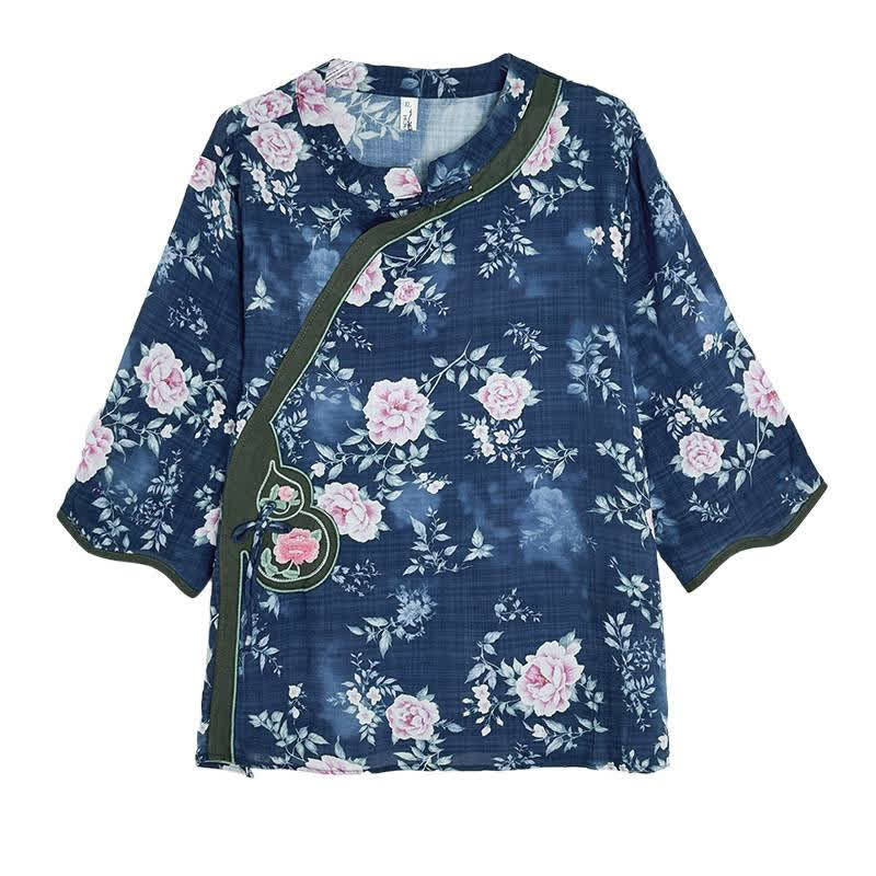 Buddha Stones Camisas de manga tres cuartos para mujer, estilo casual veraniego, con botones de rana y estampado floral de peonía rosa. - image 6