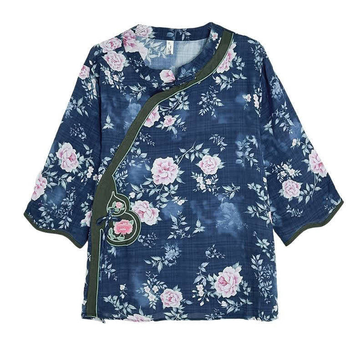 Buddha Stones Camisas de manga tres cuartos para mujer, estilo casual veraniego, con botones de rana y estampado floral de peonía rosa. - image 6
