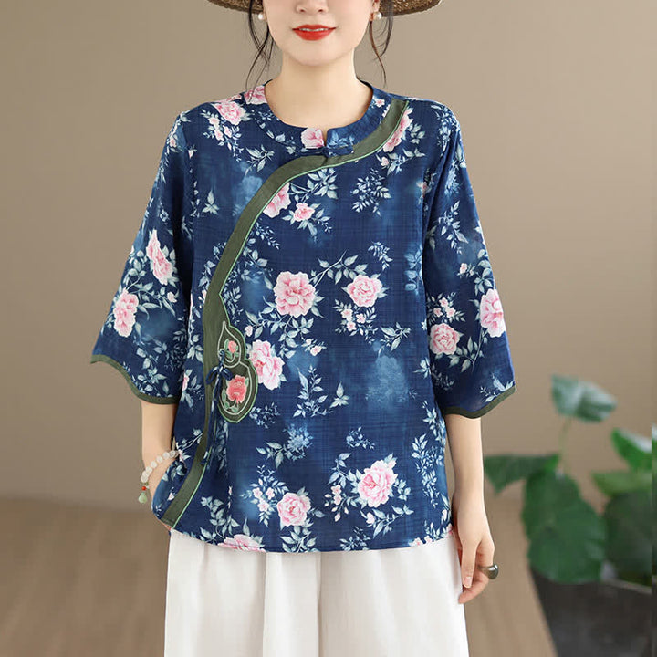 Buddha Stones Camisas de manga tres cuartos para mujer, estilo casual veraniego, con botones de rana y estampado floral de peonía rosa. - image 1