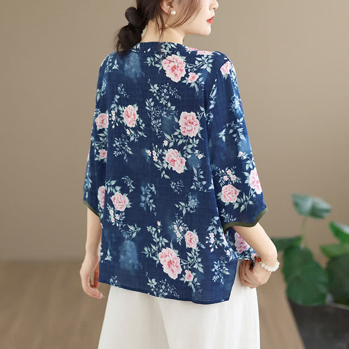 Buddha Stones Camisas de manga tres cuartos para mujer, estilo casual veraniego, con botones de rana y estampado floral de peonía rosa. - image 3