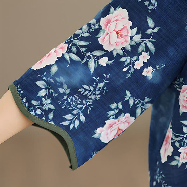 Buddha Stones Camisas de manga tres cuartos para mujer, estilo casual veraniego, con botones de rana y estampado floral de peonía rosa. - image 11