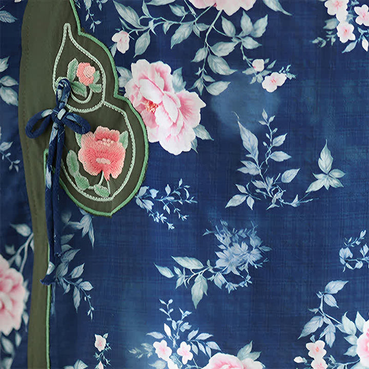 Buddha Stones Camisas de manga tres cuartos para mujer, estilo casual veraniego, con botones de rana y estampado floral de peonía rosa. - image 9