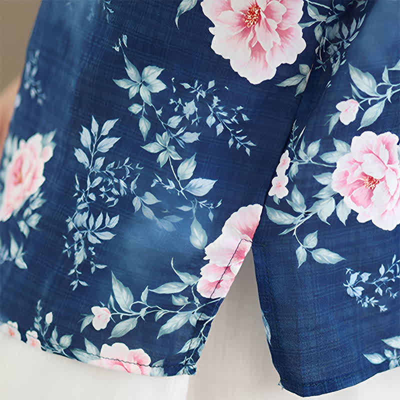 Buddha Stones Camisas de manga tres cuartos para mujer, estilo casual veraniego, con botones de rana y estampado floral de peonía rosa. - image 10
