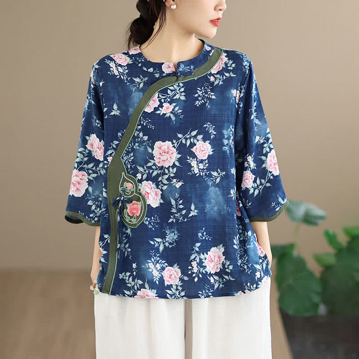 Buddha Stones Camisas de manga tres cuartos para mujer, estilo casual veraniego, con botones de rana y estampado floral de peonía rosa. - image 4