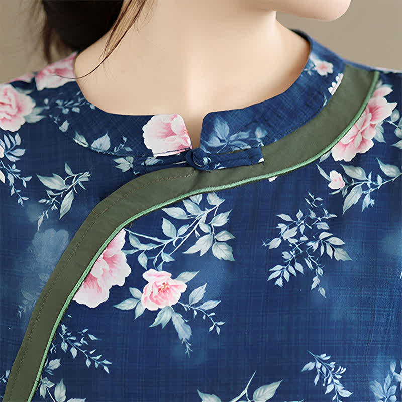 Buddha Stones Camisas de manga tres cuartos para mujer, estilo casual veraniego, con botones de rana y estampado floral de peonía rosa. - image 8