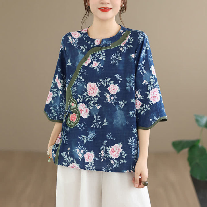 Buddha Stones Camisas de manga tres cuartos para mujer, estilo casual veraniego, con botones de rana y estampado floral de peonía rosa. - image 2