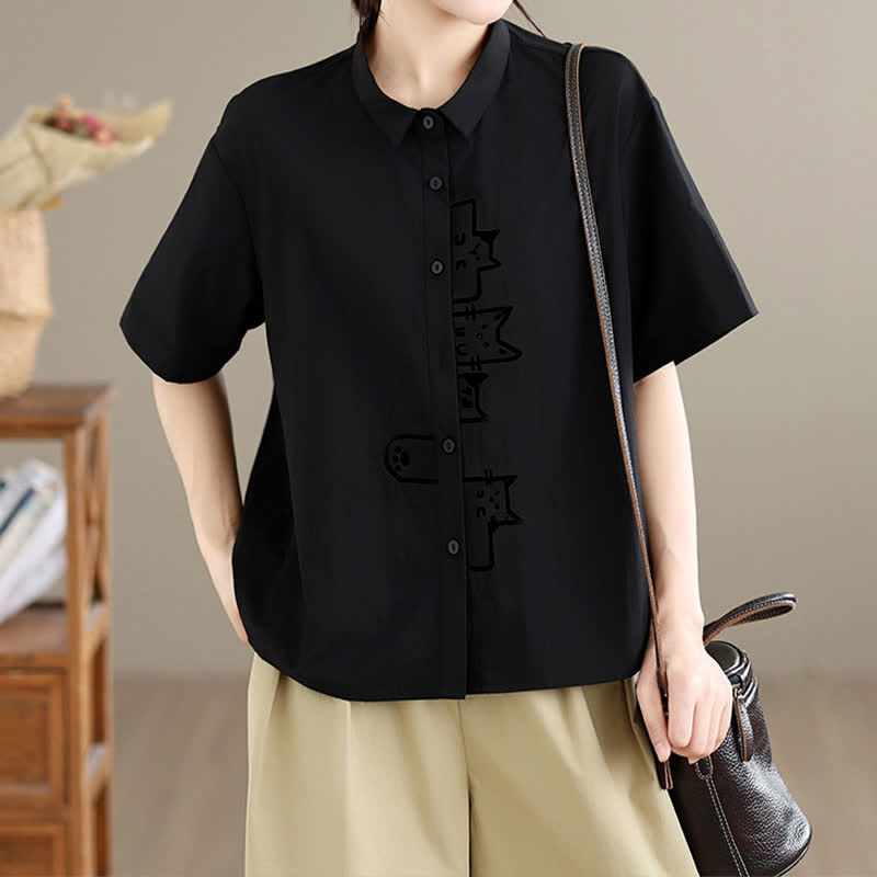 Buddha Stones Camisas de manga corta para mujer, estilo casual de verano, minimalistas, con botones y bordado de gato. - Negro - US8-10, UK/AU12-14, EU40-42 (2XL) - image 0
