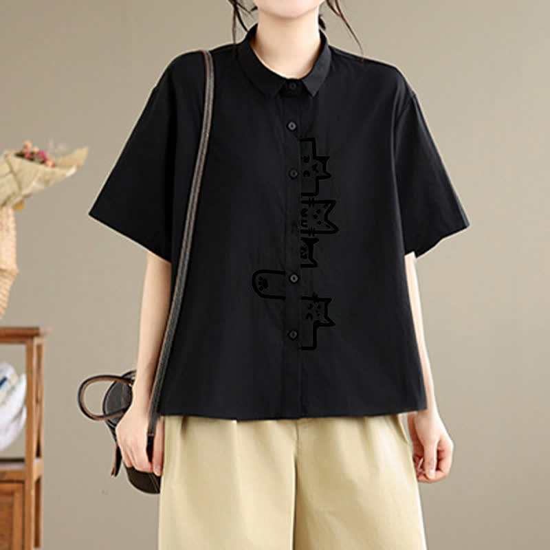 Buddha Stones Camisas de manga corta para mujer, estilo casual de verano, minimalistas, con botones y bordado de gato. - image 1