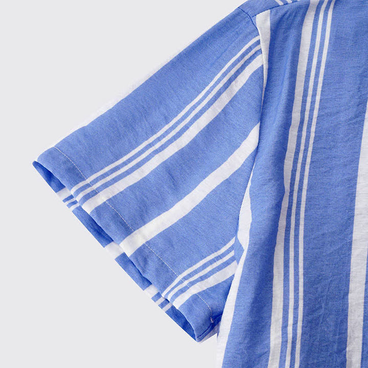 Buddha Stones Camisas de manga corta para hombre, estilo casual de verano, clásicas, con botones y rayas verticales. - image 16