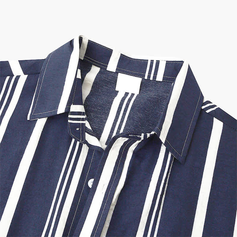 Buddha Stones Camisas de manga corta para hombre, estilo casual de verano, clásicas, con botones y rayas verticales. - image 10