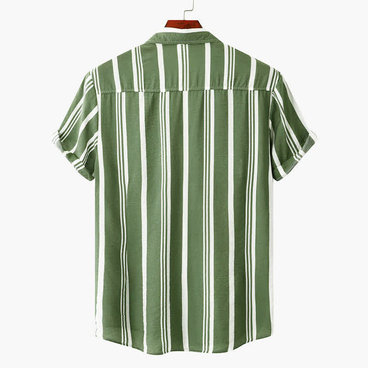 Buddha Stones Camisas de manga corta para hombre, estilo casual de verano, clásicas, con botones y rayas verticales. - image 1