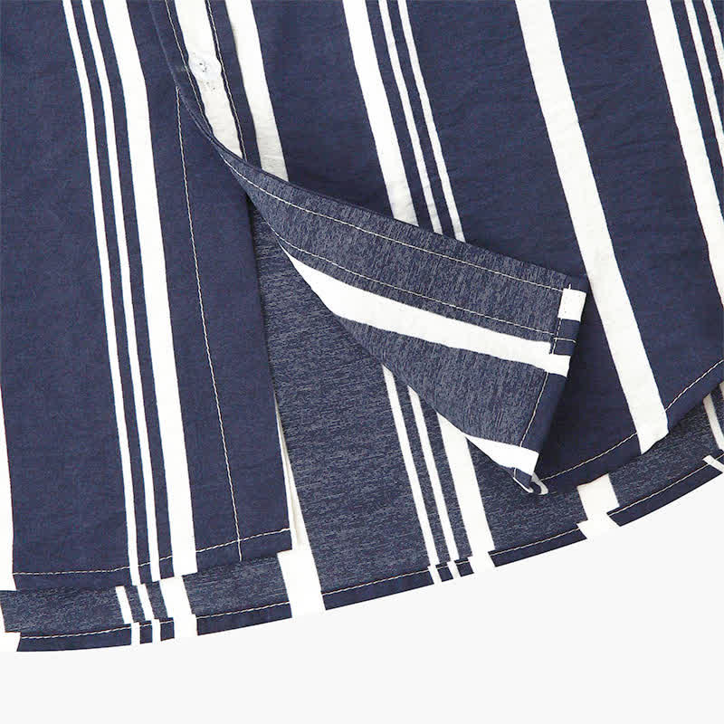 Buddha Stones Camisas de manga corta para hombre, estilo casual de verano, clásicas, con botones y rayas verticales. - image 12