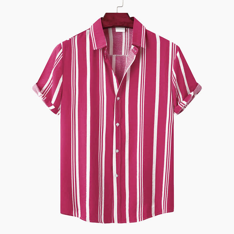 Buddha Stones Camisas de manga corta para hombre, estilo casual de verano, clásicas, con botones y rayas verticales. - Carmesí - US/UK/AU42, EU52 (3XL) - image 21