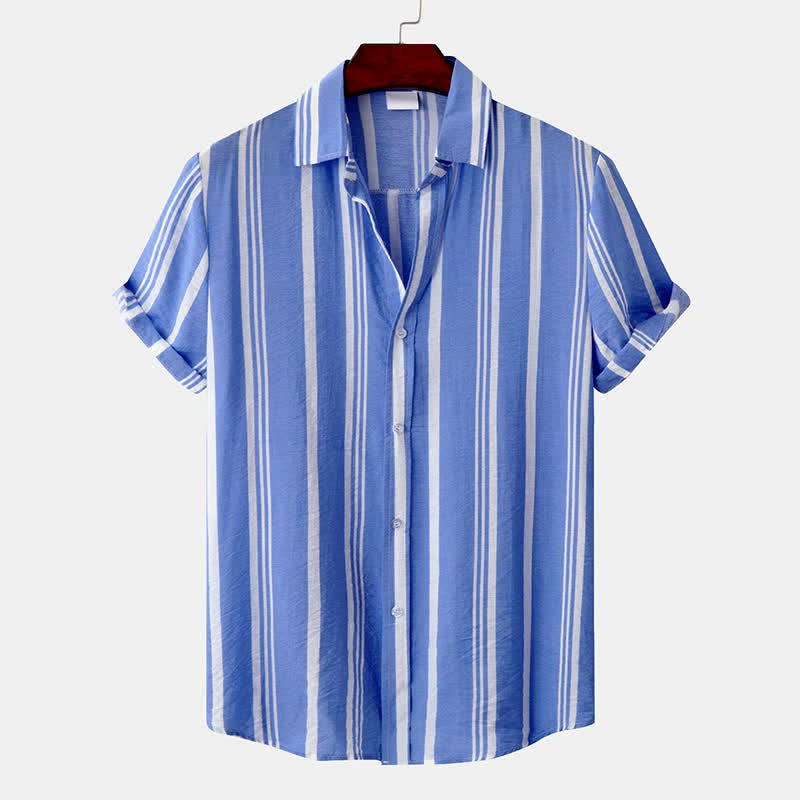 Buddha Stones Camisas de manga corta para hombre, estilo casual de verano, clásicas, con botones y rayas verticales. - Azul claro - US/UK/AU42, EU52 (3XL) - image 14